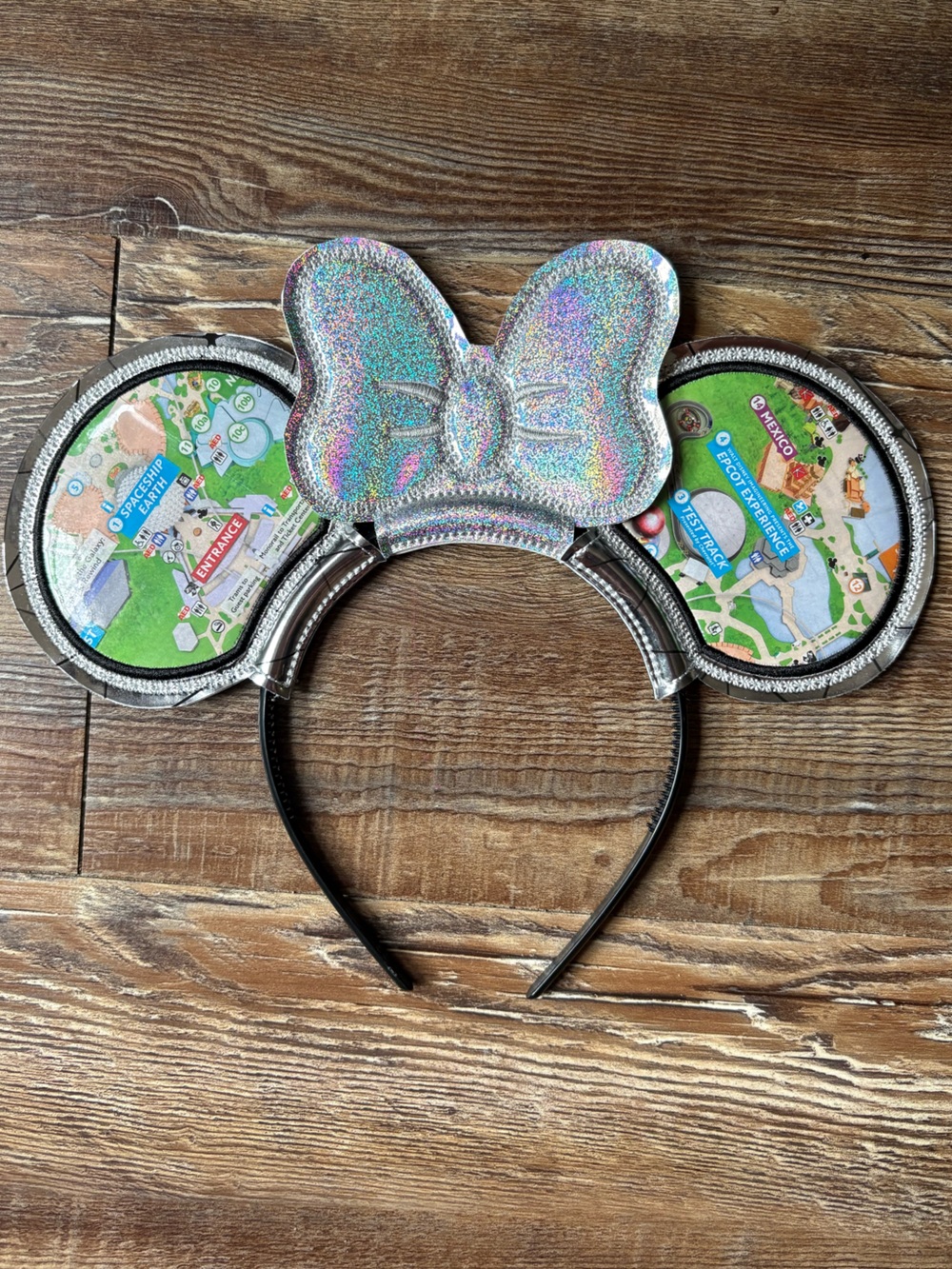 Disney Epcot Map Silver Sparkle Holographic Bow Mouse Ear Headband